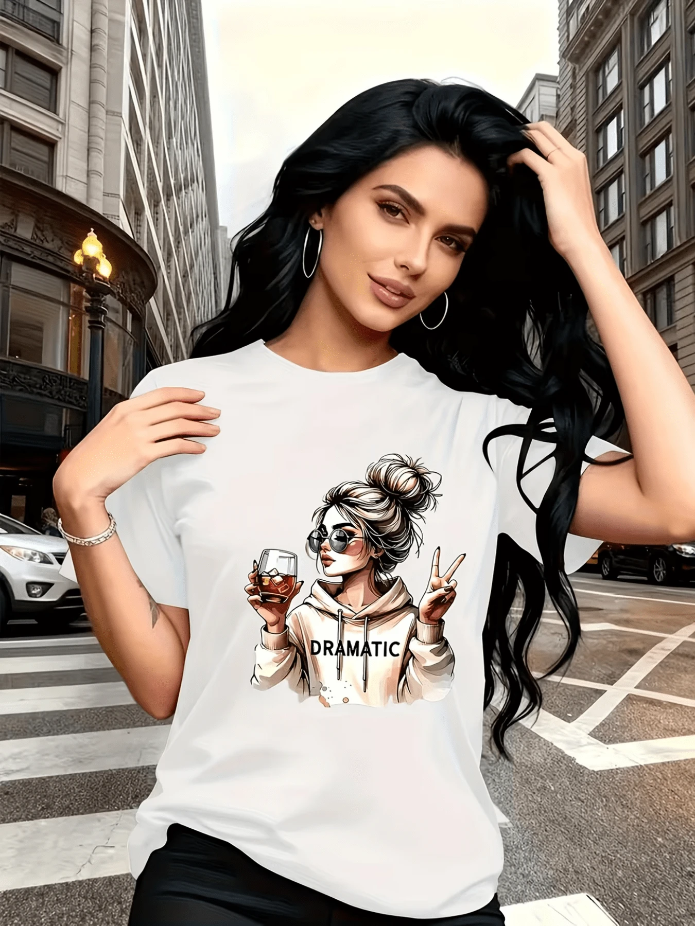 Girl With Hair Up Holds A Glass And Makes A Peace Sign Representing A Free Attitude, Relaxed Humor, Modern Confidence And Contemporary Elegance. Comfortable Urban Casual Women's T-Shirt For Everyday Wear. - 白色 - 查看 1