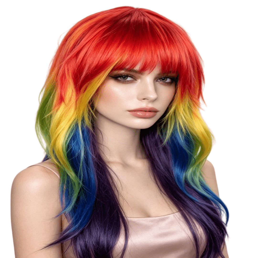 Peluca sintética larga y recta de estilo único y elegante con flequillo, en estilo arcoíris, unisex, adecuada para uso diario, Halloween, disfraces de Navidad, bares, discotecas, raves, juegos, fotografía, actuaciones en el escenario, regalo ideal, divertida y llamativa