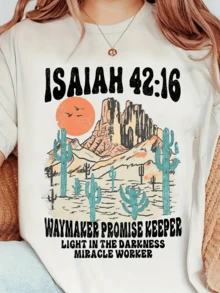 Desert Landscape With Majestic Mountains Under An Intense Sun Surrounded By Green Cacti That Represent Strength, Serenity And Hope, Accompanied By Words That Inspire Light In The Darkness And Deep Faith. Comfortable Casual Women's T-Shirt For Everyday Wear - 白色 - 查看 1
