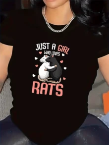 Two Mice Hugging, Surrounded By Hearts, Symbolize Tenderness And Sincere Love, Conveying A Message Of Affection And Special Connection. This Casual Women's T-Shirt With A Romantic Print And Playful Touch Is Perfect For Everyday Wear. - 黑色 - 查看 6