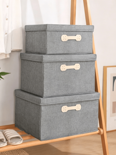 1 pièce Boîte de rangement en coton et lin avec poignée en cuir, conception à rabat pour une protection contre la poussière et l'humidité, boîte de rangement grande capacité, boîte de tri ménager pour les vêtements et les articles divers.