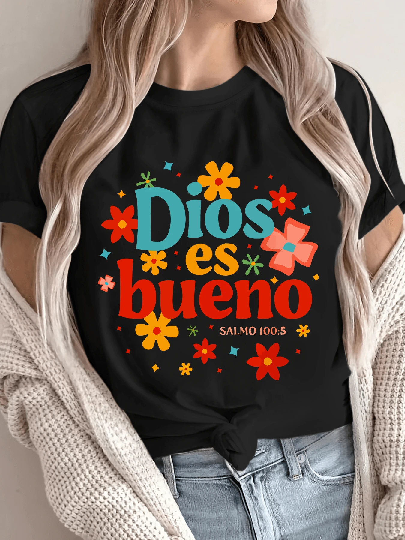An Inspirational Phrase That Celebrates Divine Goodness And Conveys Hope With Colorful Flowers And Positive Energy. Women's T-Shirts With A Motivational Message, Casual And Modern. - 黑色 - 查看 1