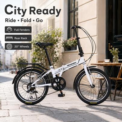 Bicicleta dobrável de 20 polegadas, quadro de aço carbono de alta resistência com absorção de impacto, bagageiro, paralamas, 4 cores vibrantes, bicicleta para deslocamentos urbanos, faculdade, trabalho, presente.