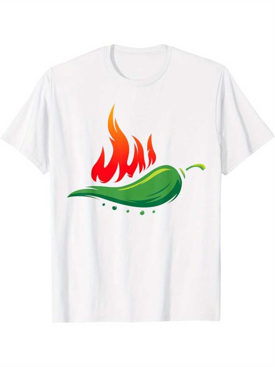 Unisex T-Shirt With Spicy Mexican Pepper Print - T-Shirt For Spicy Mexican Food Lovers With Chili Print, Short Sleeves And Crew Neck, Casual T-Shirt Suitable For Everyday Wear And Themed Events, Fun Pepper Design, Perfect For Food Enthusiasts - 白色 - 查看 1