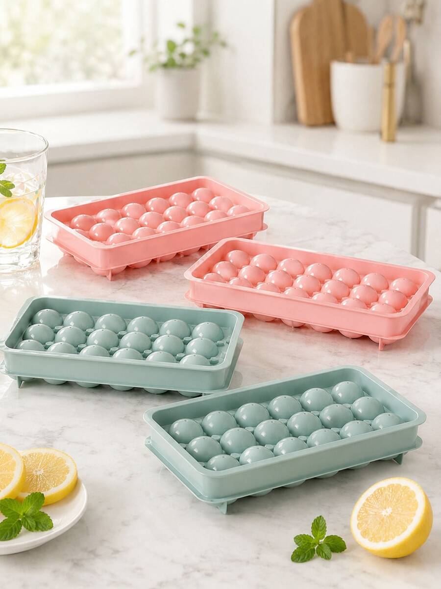 8‑Piece Ice Tray Set – Round Ice Ball & 33‑Grid Reusable Ice Molds With Lid For Drinks & Parties - 粉色 - 查看 1