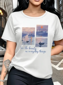 Paisaje marítimo con reflejos del sol al atardecer que inspira calma y recuerda la belleza oculta en los momentos cotidianos camiseta de mujer moderna - Blanco - Ver 1