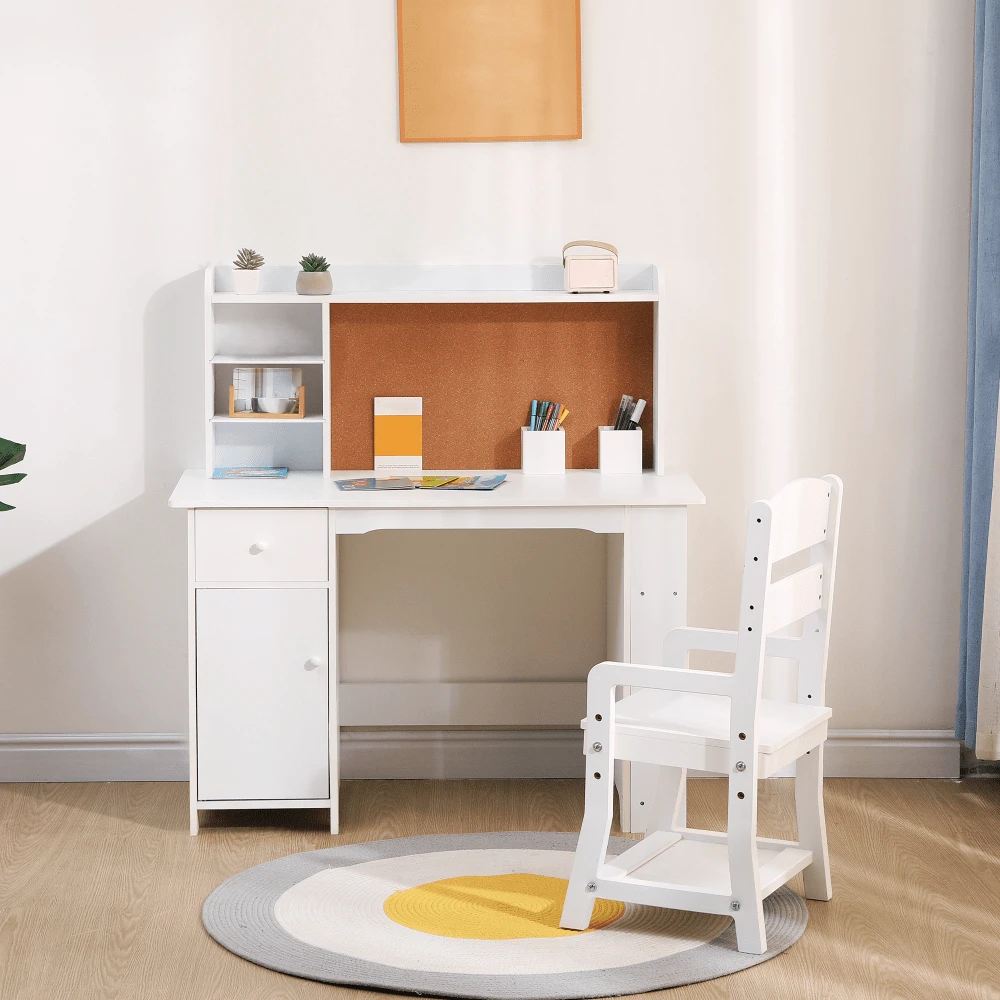 Kinderschreibtisch-Set mit Stuhl & Bücherregal – Massivholz, Pinnwand, Aufbewahrung – Ergonomischer Lerntisch für Zuhause & Schule – Für Kinder (3-8 Jahre) – Weiß/Pink - Weiss - Übersicht 1