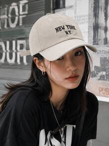 1顶男女通用纽约N.Y.刺绣棒球帽，经典弯檐老爹帽，轻便透气，可调节帽带，夏季休闲街头服饰 - 米色 - 查看 3