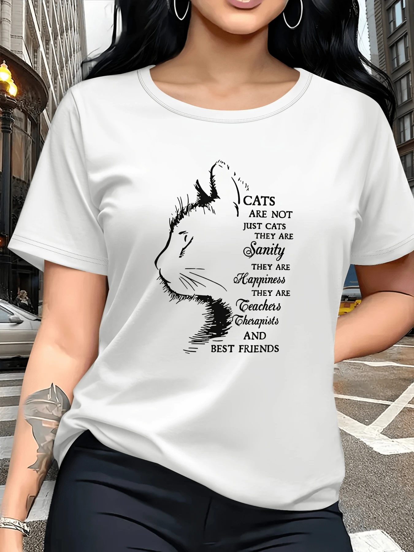 Cat Silhouette With A Message Expressing Love, Calm, And Gratitude Towards Felines, Symbolizing Friendship, , And Daily Joy. Perfect For Animal Lovers. Modern Casual Women's T-Shirt - 白色 - 查看 1