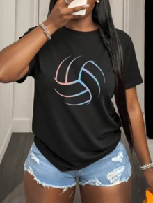 Volleyball Symbol Formed By Soft Lines In Pastel Tones Representing Energy, Movement And Sporting Passion, Reflecting Strength, Elegance And Joy In Every Stroke. Women's Casual Modern Comfortable T-Shirt For Everyday Wear - 黑色 - 查看 8