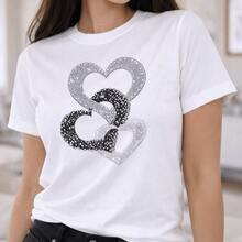 Women's T-Shirt With Intertwined Hearts Print, Textured Glitter Effect, Glam Chic Style, Simulated Rhinestone Details - White - View 5