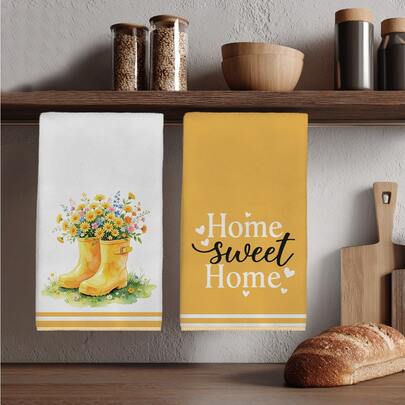 2pcs Floral & Text Print Kitchen Towel Set, 40*60cm Soft Microfiber Material, Suitable For Home, Kitchen, Restaurant, Outdoor Camping, Tabletop Cleaning, Dish Drying, Hand Towel, Gift