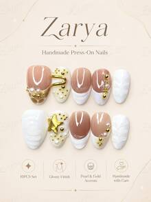 10pcs Handmade Almond Press On Nails, Nude White Gold Glossy Fake Nails With Pearl, Star Charm & Elegant 3D Nail Art For Women Including Nail Art Tools(1 Sheets Stickers+1PC Nail File),Suitable Daily, Casual, Wedding,Holiday Wear, Best Women And Girls - A08 - 查看 1