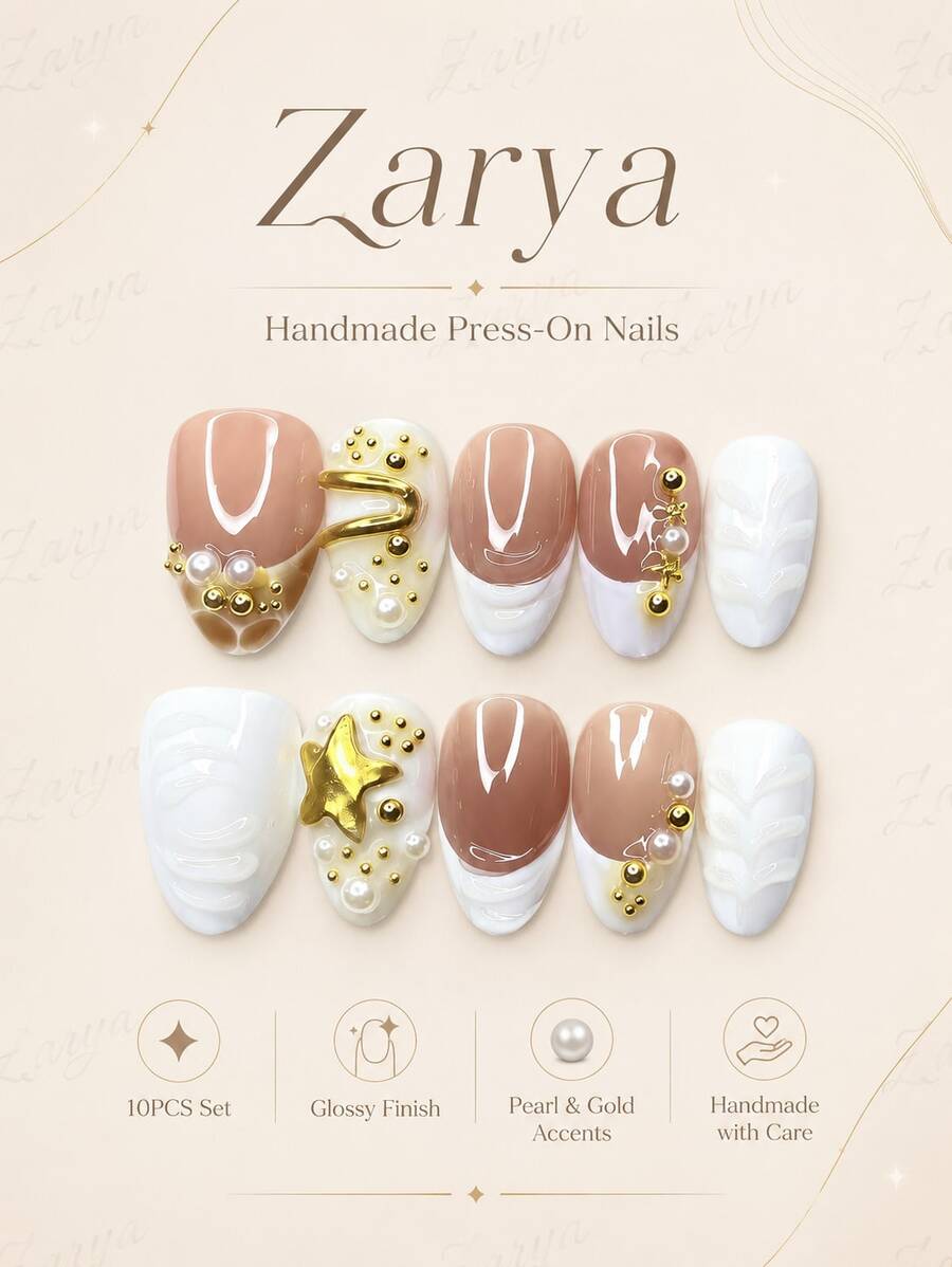 10pcs Handmade Almond Press On Nails, Nude White Gold Glossy Fake Nails With Pearl, Star Charm & Elegant 3D Nail Art For Women Including Nail Art Tools(1 Sheets Stickers+1PC Nail File),Suitable Daily, Casual, Wedding,Holiday Wear, Best Women And Girls - A08 - 查看 1