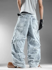 Men's Loose Wide Leg Denim Pants,Classic Washed Cat Whisker Design,Retro Nostalgic,Leisure Fashion (Belt & Accessories Not Included) - Blue - View 3