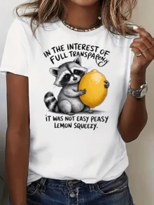 A Cute Raccoon Holds A Large Lemon, Symbolizing Honesty And Transparency In Life, Humorously Reminding Us That Simplicity Requires Effort. A Casual Women's T-Shirt With A Fun Print, Ideal For Everyday Wear. - 白色 - 查看 6