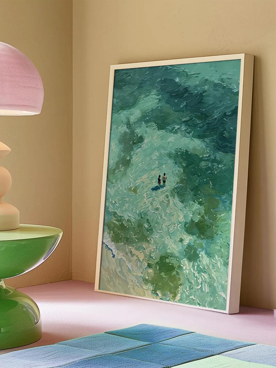 1pc Frameless Canvas Poster, Green Abstract Oil Painting Print | Dual Swimmers Themed Artwork | Turquoise Tone Painting | Green Wall Decor Art | Green Minimalist Art - Multicolor - View 1