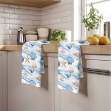 2pcs Summer Blue Ocean Shell Pattern Kitchen Towels, Soft Polyester Material Dish Cloths, Suitable For Kitchen Decor, Cleaning, Holiday Party Decoration, Kitchen & Bathroom Essentials, Home Decor, Housewarming Gift - Multicolor - View 6