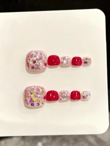 10PCS Handmade Press On Toenail For Party And Daily Wear, Easy To Wear 10pcs Y2K Handmade Press On Toenail, Suitable For Girls And Women Festivals Parties And Music Festival And Daily Wear, Valentine's Day Mother's Day Gift. - Hot Pink - View 9