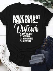 Camiseta Deportiva Casual para Mujer - Camiseta Negra Elástica de Cuello Redondo con Texto Blanco Disturb My Peace Grind Vibe, Lavable aáquina, Ajuste Cómodo, para Todas las Estaciones, Perfecta para Tu Estilo de Vida Activo. - Negro - Ver 1