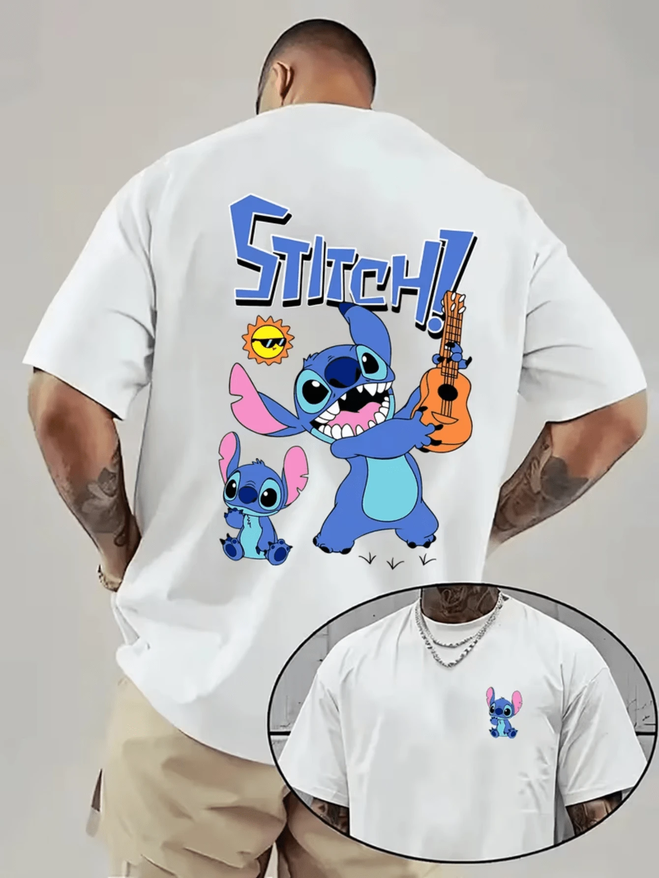 (Disney Licensed T Shirts)Disney Lilo & Stitch Guitar-Playing Stitch Graphic Tee Men's Oversized Crew Neck Short Sleeve T-Shirt, Casual Streetwear With Ukulele Stitch Print, Cute Music Lover Loose Fit Casual Top, Mens Clothes, Men, Ropa De Hombre, Summer Clothes, Men Shirts, Graphic Tees, Disney Outfits Men, Graphic Tees, Camisetas Para Hombre, Camisas Para Hombre, Summer Outfits For Men, Father's Day Gift, Perfect Gift For Family And Friends, Which Are Necessary For Birthday Parties, Disney Shirts, Mens Clothes, Summer Clothes, Officially Licensed Disney T-Shirts, Disney Men's And Women's Spring/Summer Fashion Casual Short-Sleeve T-Shirts, Disney Top - White - View 1