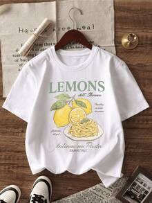 Fresh Lemons Alongside A Plate Of Italian Pasta Symbolize Summer Joy And The Energetic And Optimistic Mediterranean Flavor. Comfortable Casual Women's T-Shirt For Everyday Wear - 白色 - 查看 8