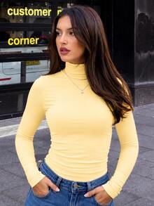 Women's Long Sleeve Turtleneck Blouse With Ribbed Knit Detail - Basic Style - Yellow - View 4