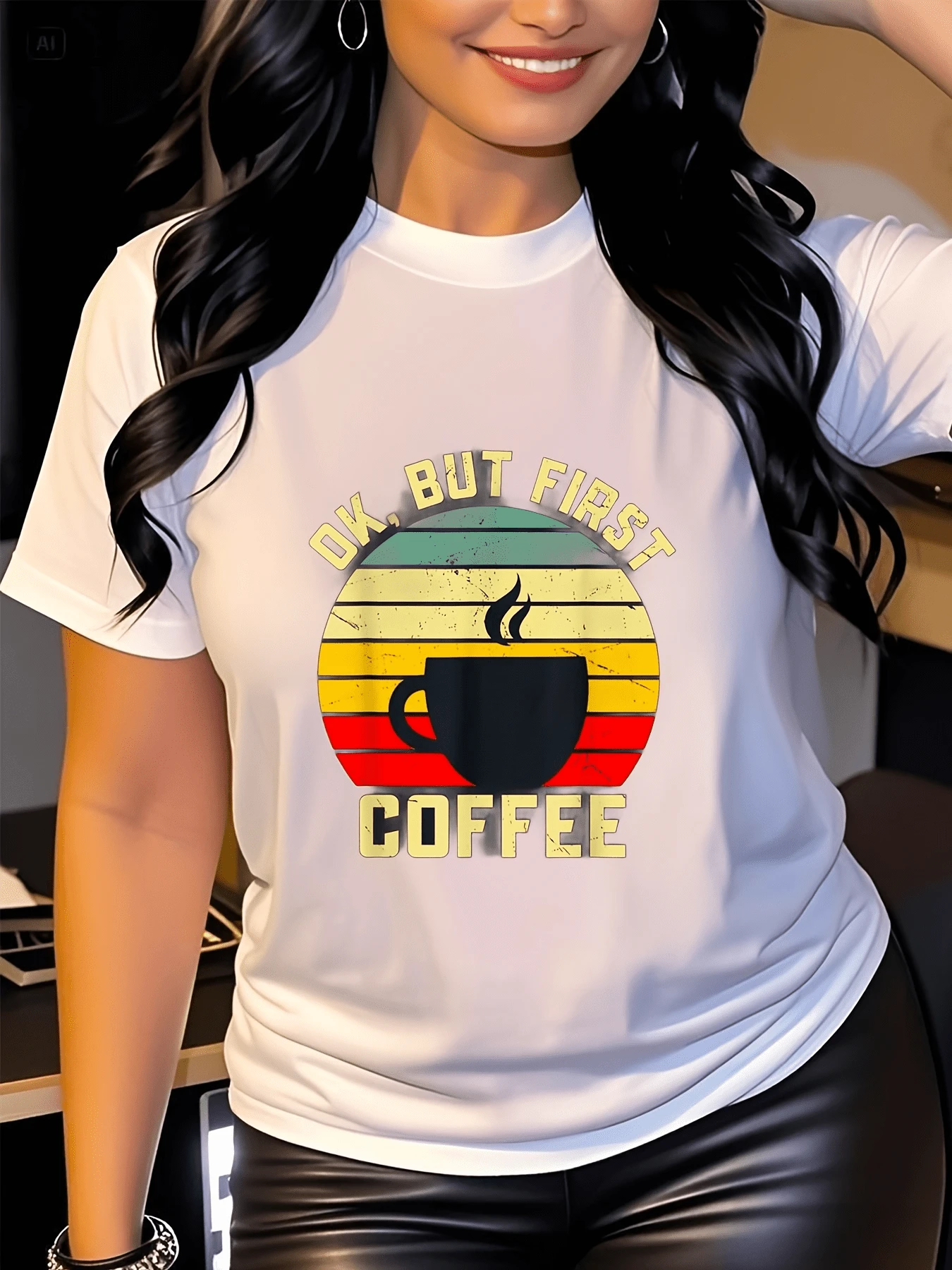 Black Coffee Mug Surrounded By Warm Yellow, Green, And Red Tones That Evoke Energy And Passion To Start The Day With A Positive Attitude; Modern And Comfortable Casual Women's T-Shirt - 白色 - 查看 1