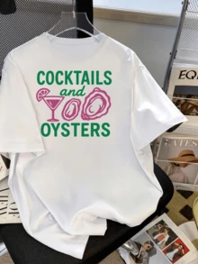 Cócteles rosas con copas y ostras evocan diversión en la playa y sensaciones de verano junto al mar transmite frescura y energía positiva camiseta de mujer casual cómoda para uso diario - Blanco - Ver 1