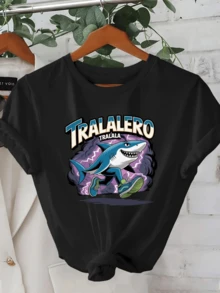 Cartoon Shark Running Energetically Through Purple Lightning, Displaying Youthful Bravery And A Fun Attitude, Ideal For Conveying Confidence And Dynamism. Modern Casual Women's T-Shirt - 黑色 - 查看 6
