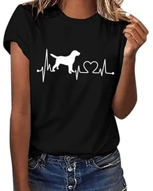 Graphic Showing The Silhouette Of A Dog Walking On A Pulse Line Forming A Heart, Symbolizing The Connection Between Life And Love For Pets. Women's Casual, Modern, And Comfortable T-Shirt For Everyday Wear. - 黑色 - 查看 1