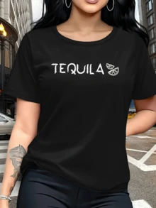 Latin Energy Symbol With The Word Tequila Accompanied By Two Lemon Slices Evoking Sunny Parties And Mexican Joy. Women's Casual Modern Comfortable T-Shirt For Everyday Wear - 黑色 - 查看 6