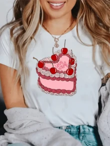 Pink Cake Covered In Red Cherries Symbolizes Sweetness, Joy, And Self-Love, Reminding Us To Celebrate Life With Tenderness And Optimism. A Modern, Comfortable, Casual Women's T-Shirt For Everyday Wear. - 白色 - 查看 6
