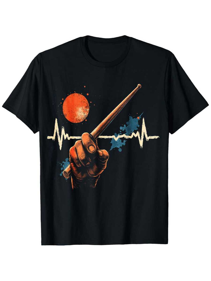 Men's Drummer T-Shirt With Heartbeat Print And Drum Pattern - Loose Fit, Sizes S-XXXL, Machine Washable, Crew Neck, Short Sleeve For Drummers, Concerts, Festivals And Casual Wear - 黑色 - 查看 1