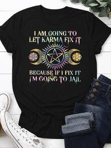 Women's Casual Sports T-Shirt With Pentagram Design And Neon Text - Black Elastic Crew Neck T-Shirt, Machine Washable, Comfortable Fit And Perfect For All Seasons, For A Unique And Modern Style. - Black - View 6