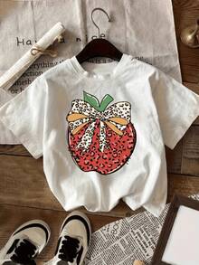 Women's Casual White Sports T-Shirt With Colorful Strawberry Graphic And Bow - Elastic Round Neck T-Shirt, Machine Washable, Comfortable Fit And Suitable For All Seasons, For Casual Style And Various Combinations. - 白色 - 查看 1