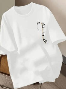 Cute Pandas Climbing A Rope Towards A Small Pocket Symbolize Friendship, Effort, And Joy, Transmitting Positive Energy For Those Seeking Cuteness And Fun. A Comfortable And Modern Casual Women's T-Shirt For Everyday Wear. - 白色 - 查看 1