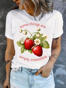 Two Red Strawberries With Green Leaves And Delicate White Flowers Represent Natural Sweetness And Positive Energy Full Of Charm And Joy. Comfortable Casual Women's T-Shirt For Everyday Wear - 白色 - 查看 6