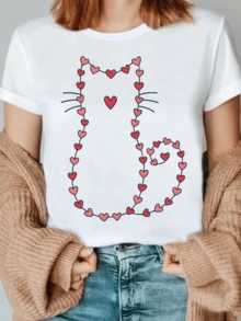 Cat Design Made Of Red Hearts Expressing Tenderness, Love, Friendship, And Connection To The Purest Feelings. Ideal For People Who Love Delicate And Cheerful, This Women's Casual Elegant T-Shirt Is Perfect For Those Who Appreciate A Touch Of Elegance. - 白色 - 查看 6