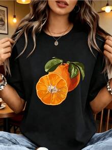 Two Juicy Oranges With Green Leaves Symbolize Freshness, Energy, And Vitality, Recalling Sunny Days When Nature Inspires Joy And Vibrant Color. A Comfortable, Modern, Casual Women's T-Shirt For Everyday Wear. - 黑色 - 查看 1