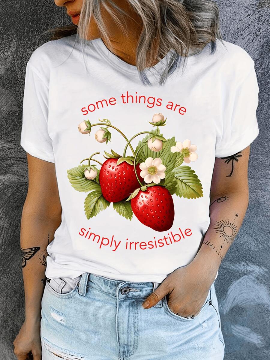Two Red Strawberries With Green Leaves And Delicate White Flowers Represent Natural Sweetness And Positive Energy Full Of Charm And Joy. Comfortable Casual Women's T-Shirt For Everyday Wear - 白色 - 查看 1