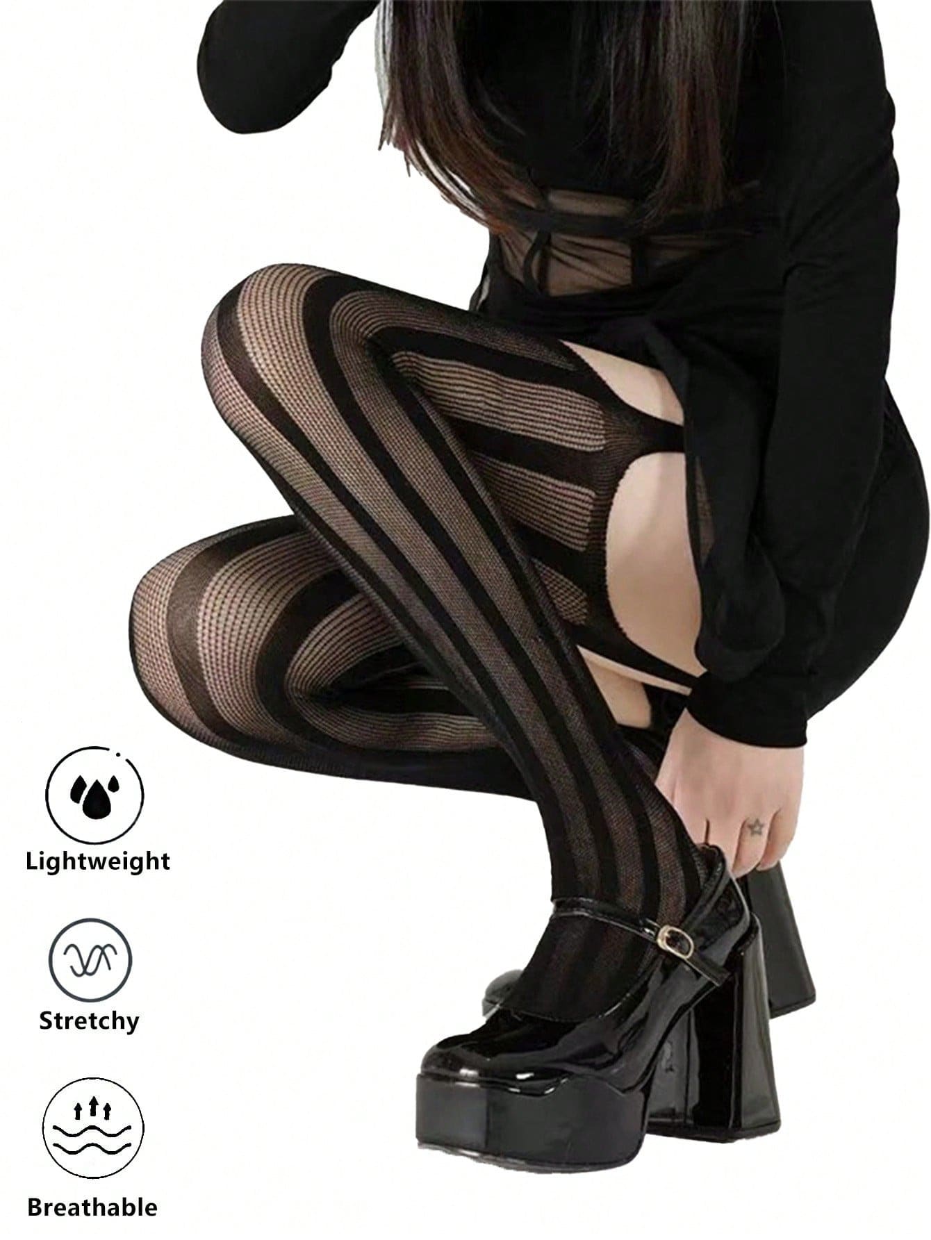 Medias de liga de red talla grande, calcetines sexys calados por encima de la rodilla, Día de San Valentín Carnaval - Negro - Ver 1