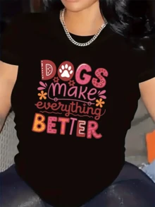 Positive Message With Colorful Lettering And A Dog Paw Print Representing The Unconditional Love Of Pets And Conveying Daily Joy. Comfortable Casual Women's T-Shirt For Animal Lovers. - 黑色 - 查看 6