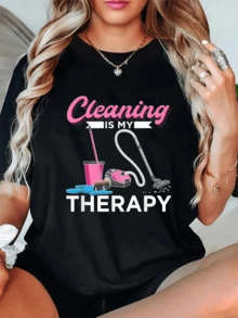 Frases positivas sobre la limpieza que simbolizan bienestar y energía mostrando que cuidar el hogar también cuida la mente camiseta de mujer cómoda y moderna para uso diario - Negro - Ver 6
