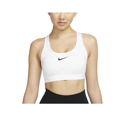  Áo tập thể thao Nike Swoosh cổ tròn, màu trơn, dáng ngắn, hỗ trợ vừa phải, nhanh khô, có đệm, dành cho nữ, màu trắng.