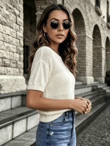 Blusa de manga corta tejida de estilo bohemio para mujer, suéter de ganchillo de longitud regular, adecuado para uso casual diario, artículo esencial de verano - Beis - Ver 4