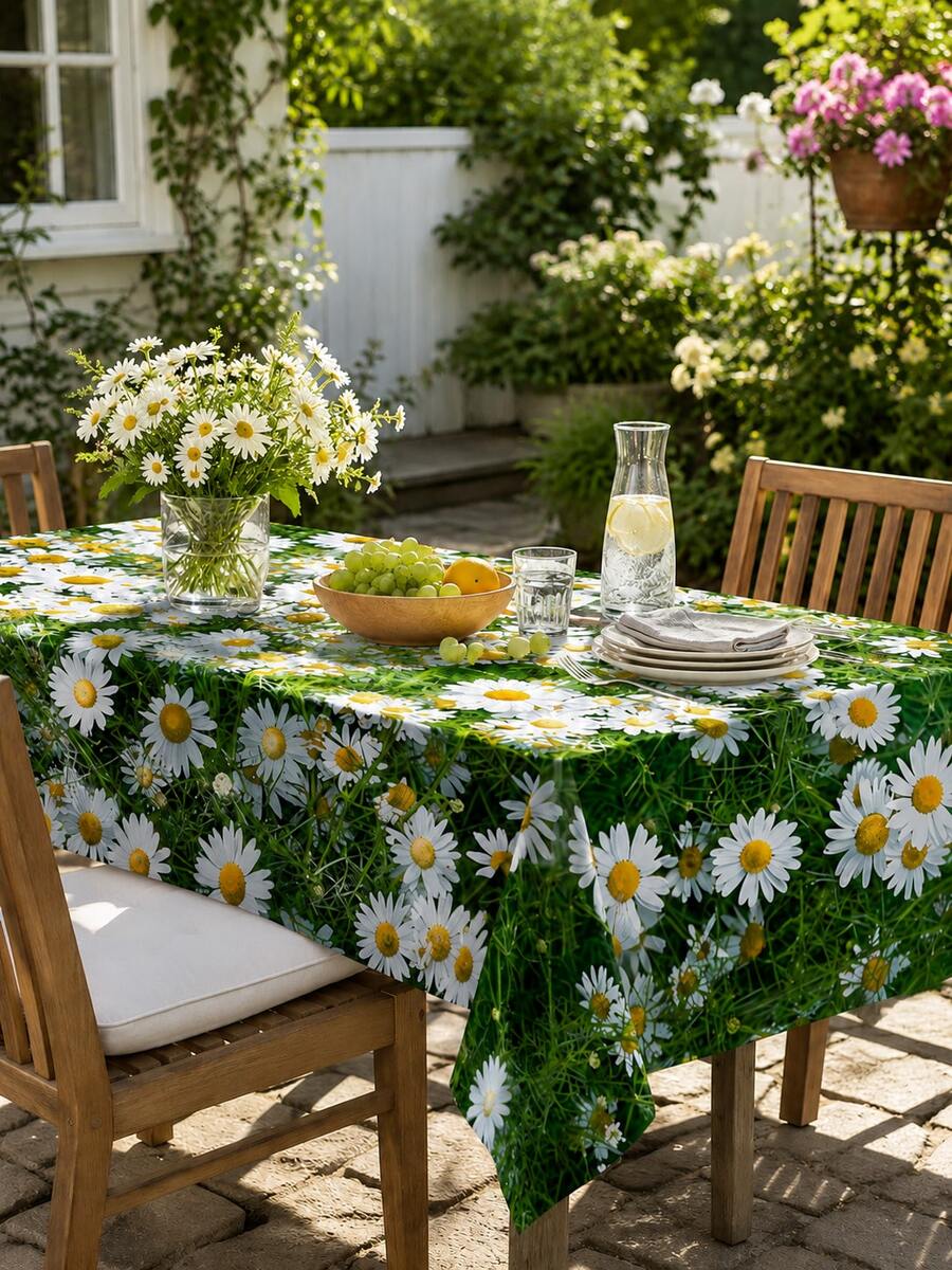 1pc Polyester Tablecloth, Daisy & Grass Printed Table Runner, Wrinkle-Resistant Waterproof Table Cover, Suitable For Restaurant, Kitchen, Home Decor, Bedroom, Garden, Wedding, Party, Indoor & Outdoor Use, All Seasons - Green - View 1