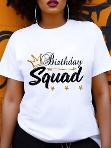 Women's Everyday Wear: "Birthday Quad" Themed Letter And Crown Print T-Shirt - Soft, Breathable, Casual Crew Neck, Suitable For Spring/Summer And Birthdays - Ideal For Everyday Wear And Casual Outfits. Elegant Party Outfit, T-Shirt For Elegant Ladies, Blouses Suitable For Curvy Women, Casual Wear, Cool And Sweat-Free Summer Clothing, Fun Letter Print. - 白色 - 查看 1