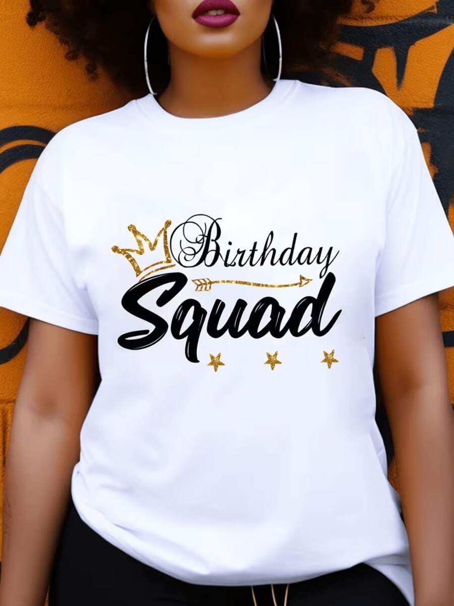 Women's Everyday Wear: "Birthday Quad" Themed Letter And Crown Print T-Shirt - Soft, Breathable, Casual Crew Neck, Suitable For Spring/Summer And Birthdays - Ideal For Everyday Wear And Casual Outfits. Elegant Party Outfit, T-Shirt For Elegant Ladies, Blouses Suitable For Curvy Women, Casual Wear, Cool And Sweat-Free Summer Clothing, Fun Letter Print. - 白色 - 查看 1