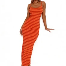 Y2K Knitted Mini Dress, Pink Striped Pattern Slim Fit, Elegant Summer Vacation Streetwear Club Wear - Orange - View 2